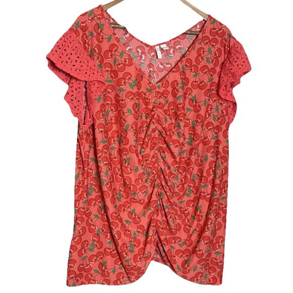 Cato Blouse Womens 26 28 Colorful‎ Cherries Floral Short Sleeves Ruffles V-Neck - Picture 1 of 8